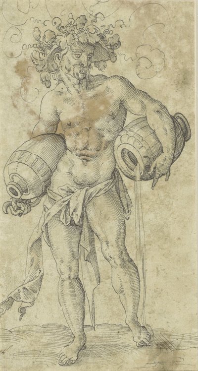 ブドウの葉に包まれた帽子をかぶった裸の男 作： Jost Amman (possibly)