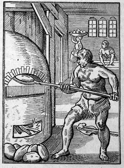 オーブンでパンを焼いているパン職人。ヨスト・アマン（1539-1591）のエングレーヴィング 16世紀 作： Jost Amman