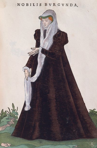 伝統的な衣装を身にまとったブルゴーニュの貴族の女性（『Habitus praecipuorum popularum』の版画 作： Jost Amman