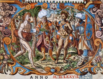 ヨスト・アマン（1539-1591）のエングレーヴィングによる「四大陸」のタイトルページからの抜粋 作： Jost Amman