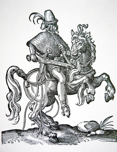 車輪付きピストルを持った馬の兵隊、「Kunstbuchlin」のイラスト 作： Jost Amman