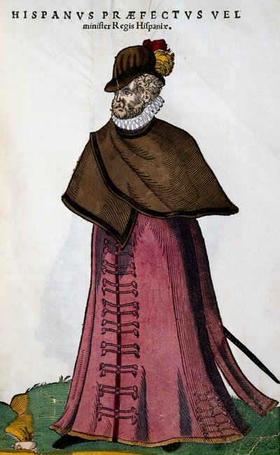 スペイン王室の大臣の衣装、ヨスト・アマン（1539-1591）の版画（「Habitus praecipuorum populorum, virorum tam quam singulari foeminarum art depicti」より）。 作： Jost Amman