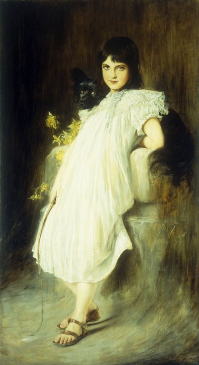 彼女の犬を持つ少女の肖像画、1908 作： Joszi Arpad Koppay