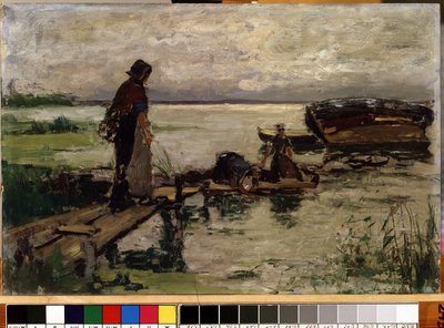 ""On the shore"" (海辺で) 水辺にいるオランダの農民の女性。 Josef Israels (1824-1911) による絵画 Mikalojus Konstantinas Ciurlionis Fine Arts Museum、カウナス、リトアニア 作： Jozef  Israels