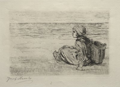 海岸に座っているバスケットを持つ少女 作： Jozef Israëls