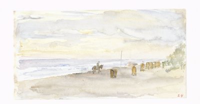 騎手とビーチチェアのある海岸風景 作： ジョゼフ・イスラエル
