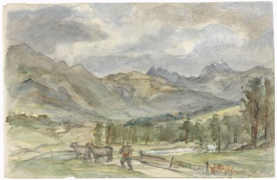 牧夫と 2 頭の牛のいる山の風景 作： Jozef Israëls