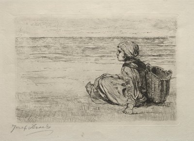 海岸に座っているバスケットを持つ少女 作： Jozef Israëls
