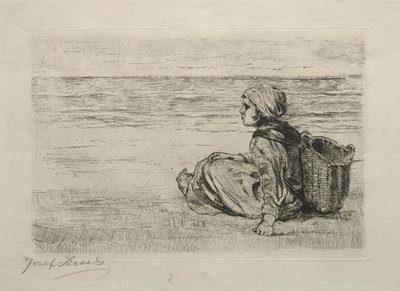 海岸に座っているバスケットを持つ少女。 作： Jozef Israëls