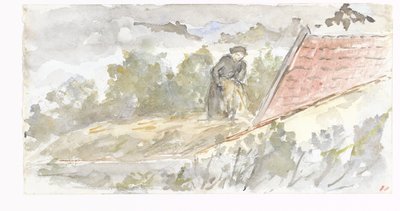女性と家の屋根のある風景 作： Jozef Israëls