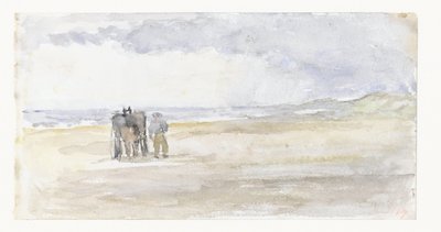 ビーチで馬と馬車を持つ男 作： Jozef Israëls
