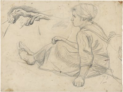 座っている漁師の女の子のスケッチ 作： Jozef Israëls