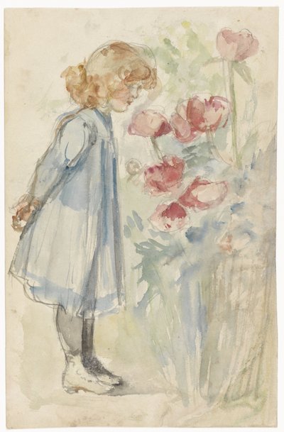 フラワー ガーデンで立っている女の子 作： Jozef Israëls