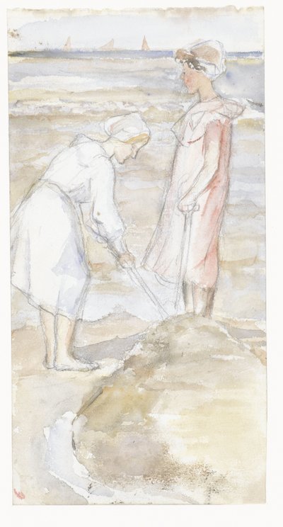 ビーチでピンクと白の 2 人の女の子 作： Jozef Israëls