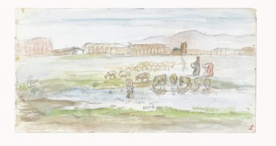 羊のいる平野、背景にある水道橋の遺跡 作： Jozef Israëls