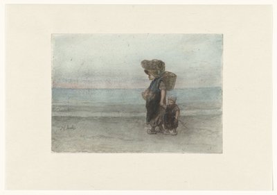 浜辺を歩く子供を持つ女性 作： Jozef Israëls
