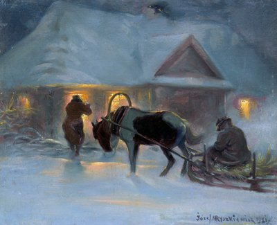 カントリーハウスの前の冬の夜、1921年 作： Jozef Ryszkiewicz