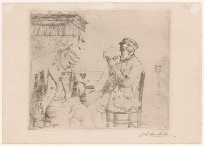 暖炉のそばのテーブルで酒を飲む 2 人の男性 作： Jozef van Snick
