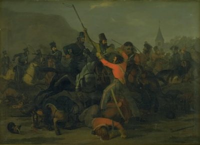 1813 年 12 月 6 日、ユトランド竜騎兵とコサックの決闘中にボンケ・ボンニヒセン大佐が倒れる 作： Jørgen V. Sonne