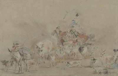 ラバに乗った羊飼いと移動する群れ 作： Jérôme François Chantereau
