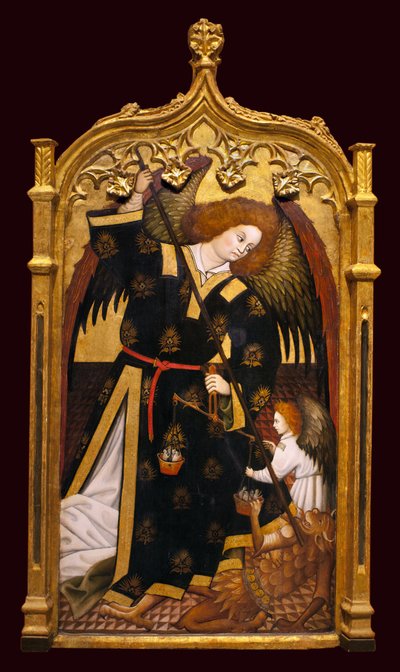 大天使聖ミカエル。 フアン・ヒスパレンセ (15 世紀) 作、1480 年頃の木に油彩と金で描かれた絵画。スペイン、セビリアの美術館。 作： Juan (attributed to) Hispalense