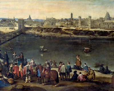 1646年のサラゴサ（サラゴサ）の街の眺め 川沿いの紳士や商人を表すディテール。フアン・バウティスタ・デル・マゾ(1612-1667)画 1646年 マドリード、プラド美術館 作： Juan Bautista Martinez Del Mazo