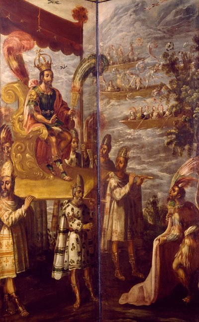 Montezuma, detail from meeting between Cortes and Montezuma, screen attributed to Juan Correa (1645-1716), oil on canvas, 250x600 cm   1461994   ja       japanese Successfully Translated  Original: View of the flower market, Ile de la Cite, Paris Drawing b 作： Juan Correa