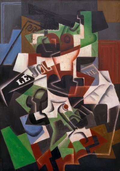 フルーツボウル、パイプ、新聞 作： Juan Gris