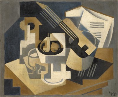 テーブルの上のギターとフルーツボウル 作： Juan Gris