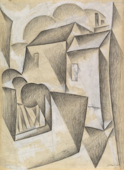 パリの家、ラビニャン広場、1911年（白い紙の上に黒いチョークとガッシュ） 作： Juan Gris