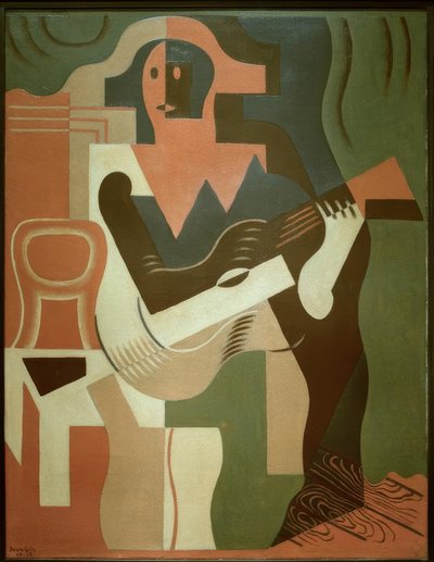 ギターとハーレクインを座っています。 作： Juan Gris