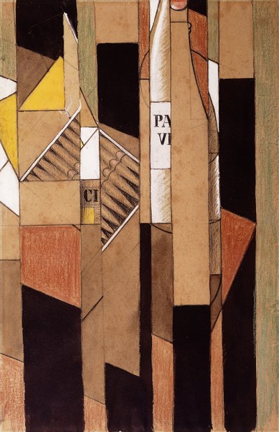 ボトルと葉巻のある静物。ボトルと葉巻のある静物、1912 作： Juan Gris