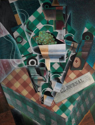 チェックされたテーブルクロスのある静物、1915 作： Juan Gris