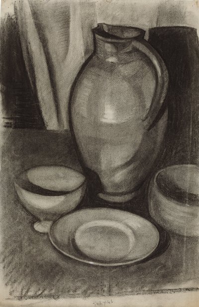 水差しのある静物;ネイチャー・モルト・ア・ラ・クルシュ、1910 作： Juan Gris