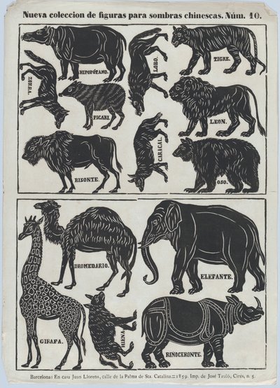 中国の影絵人形の図のシート 10、1859 年。 作： Juan Llorens