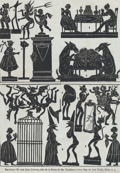 中国の影の人形の図のシート11、1859。 作： Juan Llorens