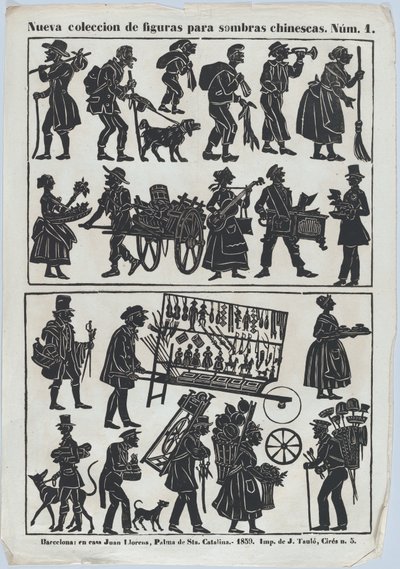 中国の影絵人形の図のシート 1、1859 年。 作： Juan Llorens
