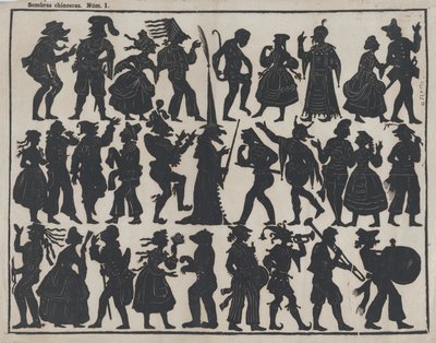 中国の影絵人形の図のシート 1、約。 1850～70年。 作： Juan Llorens