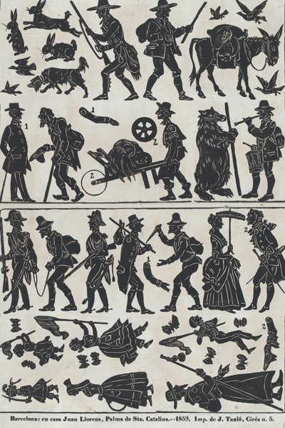 中国の影絵人形の図のシート 2、1859 年。 作： Juan Llorens