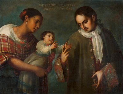 スペイン人とメスティーソの女性とその子供、"カスティーソ"。 作： Juan Rodríguez Juárez