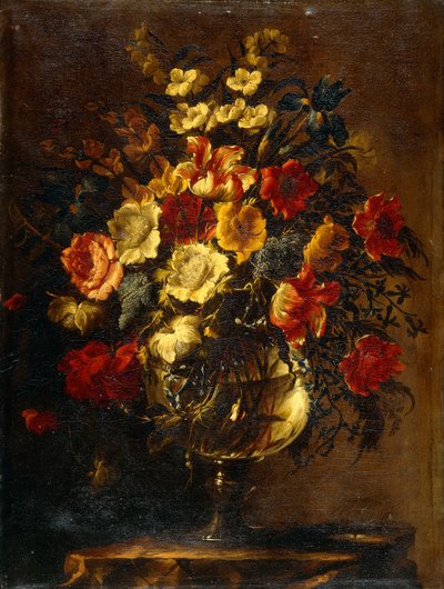 岩の上にあるガラスの花瓶の花 作： Juan de Arellano