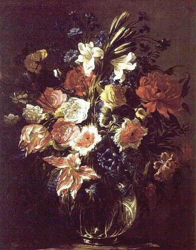 百合、牡丹、チューリップ、ヤグルマギクなどの花々をガラスの花瓶に入れて台座に飾る 作： Juan de Arellano