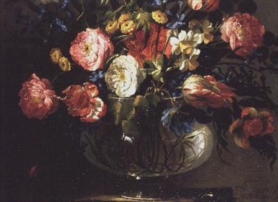 ガラスの花瓶のバラ、チューリップ、ヒヤシンス、ジャスミン 作： Juan de Arellano
