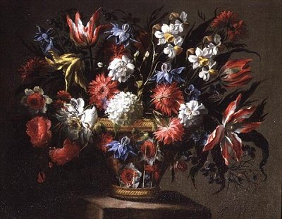 バスケットに入ったチューリップや水仙などの花の静物画 作： Juan de Arellano
