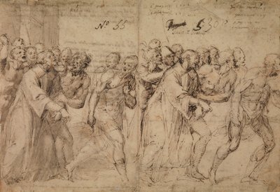 聖ステパノの殉教に向けた研究、1566年（ペンと茶色のインク、灰色のウォッシュ、（後で）紙に赤いチョークの痕跡）（直腸） 作： Juan de Juanes Juan de Juanes