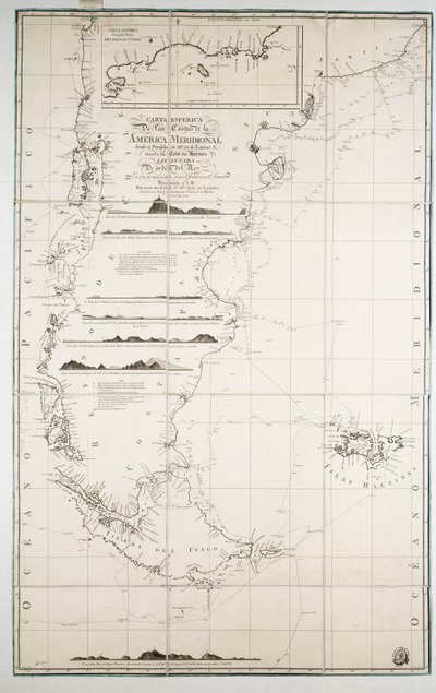 チリ、パタゴニア、ティエラ・デル・フエゴおよびフォークランド諸島の地図、1798年頃（エングレーヴィング） 作： Juan de Langara