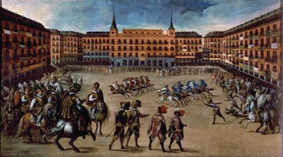 白髪のゲーム、マヨール広場、マドリッド (キャンバスに油彩) 作： Juan de la Corte