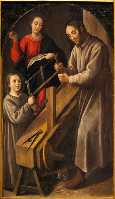 ナザレの工房。 フアン デル カスティージョ (1590-1658 年頃) による絵画、キャンバスに油彩、1634-1636 年頃。 スペインのセビリアにある美術館。 作： Juan del Castillo
