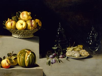フルーツとガラス製品のある静物 作： Juan van der Hamen
