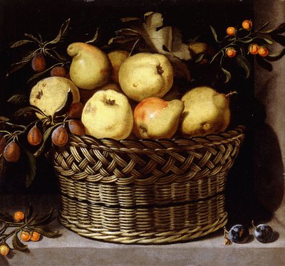 石の棚に果物が入った籐のバスケット、 作： Juan van der Hamen y Leon